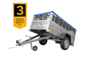 Remorque grillagée 200×106 avec bâche plate bleue, ridelles grillagées et roue jockey – Garden Trailer 200 KIPP