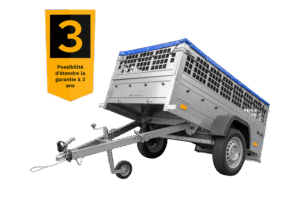 Remorque grillagée 200×106 avec bâche plate bleue, ridelles grillagées et roue jockey – Garden Trailer 200 KIPP